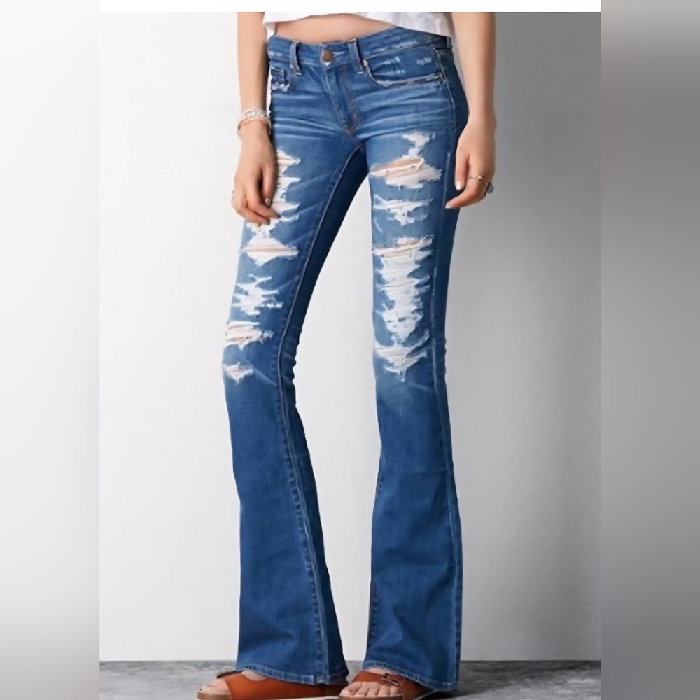 American Eagle AEO Boho Artist Distressed Destroyed Flare Denim Jeans 8 - Picture 6 of 15